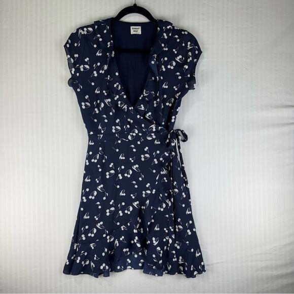 Sunday Best White Cherry Print Navy Blue Ruffle Wrap Dress Size 00 Dainty Girly - Picture 1 of 9